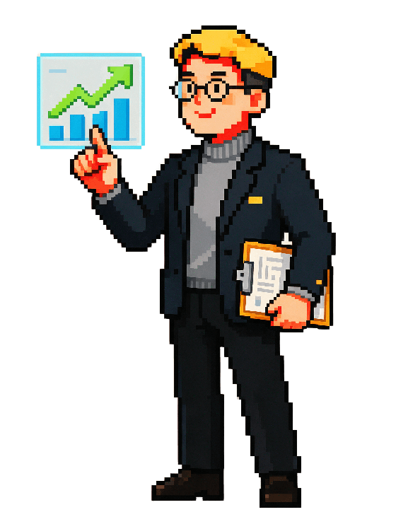 Pixel art analyst figure reading from a ledger