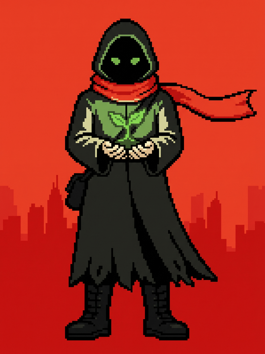 Pixel art courier in a ragged dark hooded cloak and streaming red scarf, cupping a glowing green sapling, standing against a red city skyline
